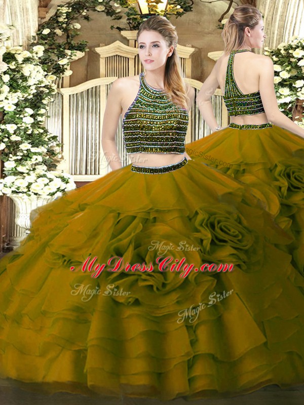 Affordable Tulle Halter Top Sleeveless Zipper Beading and Ruffled Layers Sweet 16 Quinceanera Dress in Olive Green