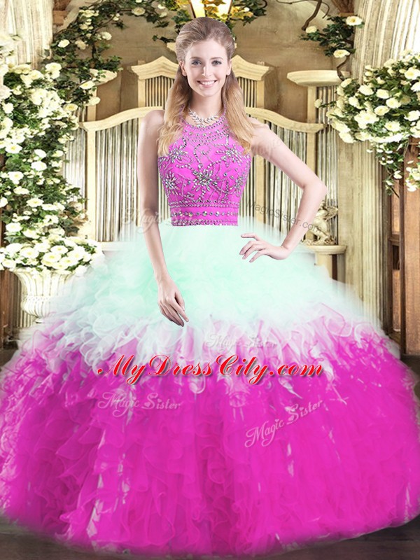 Graceful Halter Top Sleeveless Tulle Sweet 16 Quinceanera Dress Beading and Ruffles Zipper