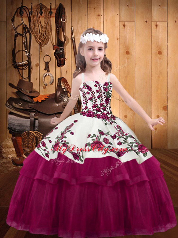 Latest Fuchsia Lace Up Girls Pageant Dresses Embroidery Sleeveless Floor Length