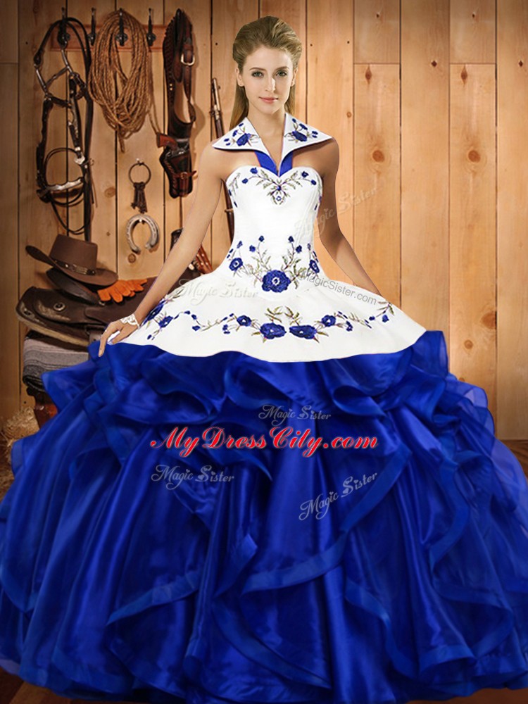 Extravagant Floor Length Lace Up Quinceanera Gown Royal Blue for Military Ball and Sweet 16 and Quinceanera with Embroidery and Ruffles