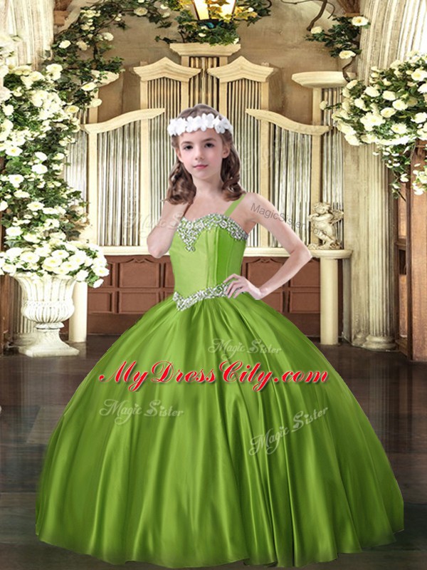 Beading Pageant Gowns For Girls Olive Green Lace Up Sleeveless Floor Length