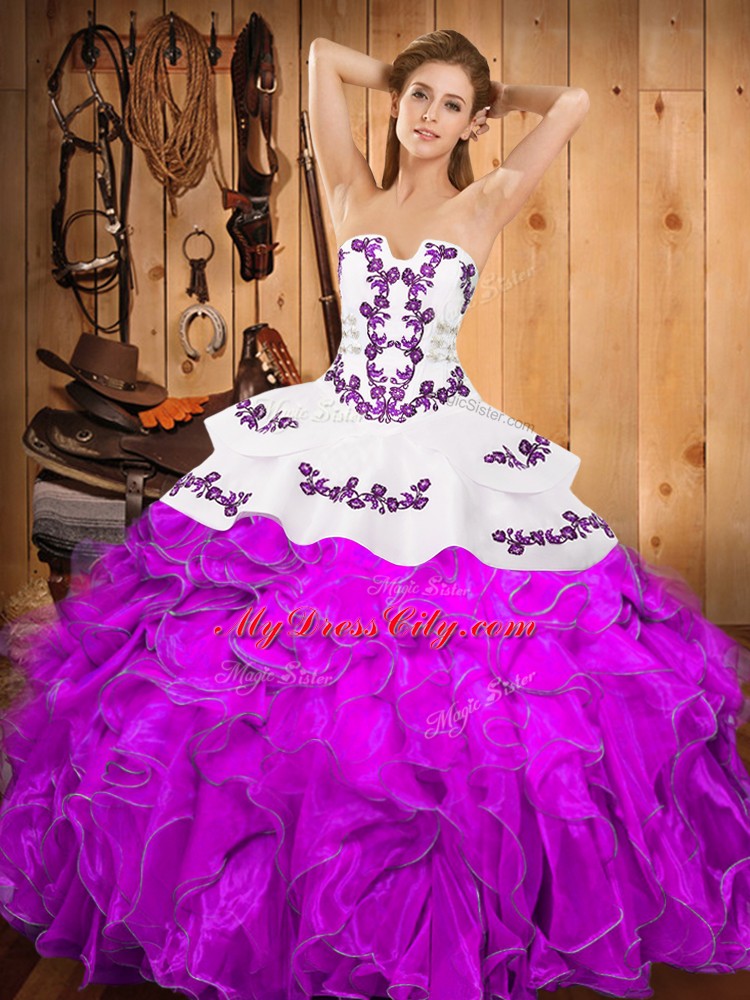 Purple Lace Up Strapless Embroidery and Ruffles 15 Quinceanera Dress Satin and Organza Sleeveless