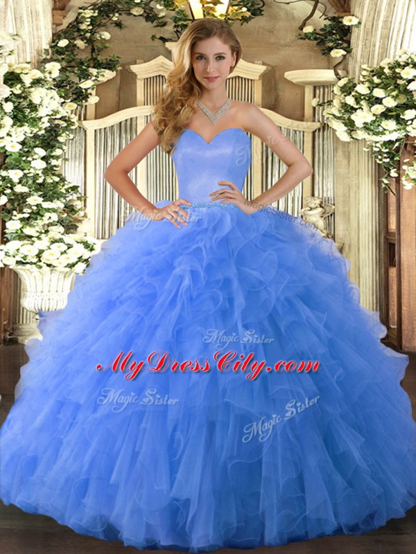 Superior Blue Ball Gowns Ruffles Quinceanera Dress Lace Up Tulle Sleeveless Floor Length