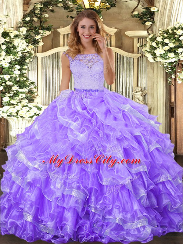 Lavender Sleeveless Lace and Ruffled Layers Floor Length Quinceanera Dress