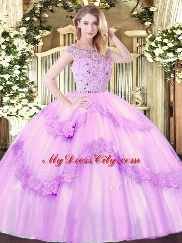 Cute Bateau Sleeveless Zipper Sweet 16 Dresses Lilac Tulle