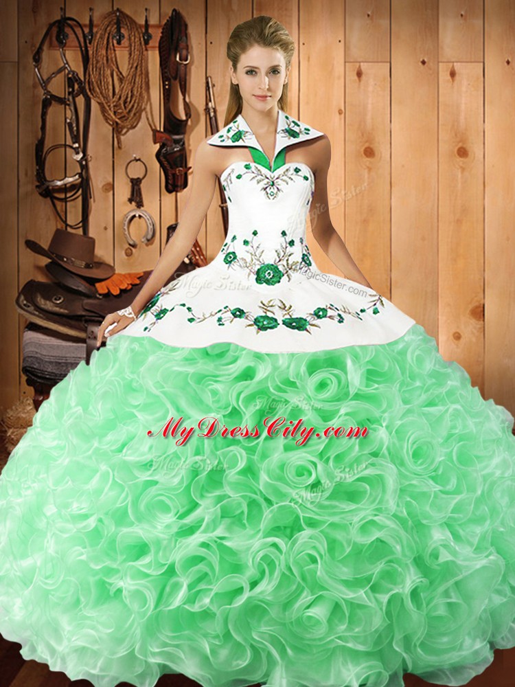 High Quality Apple Green Fabric With Rolling Flowers Lace Up Quinceanera Dress Sleeveless Floor Length Embroidery