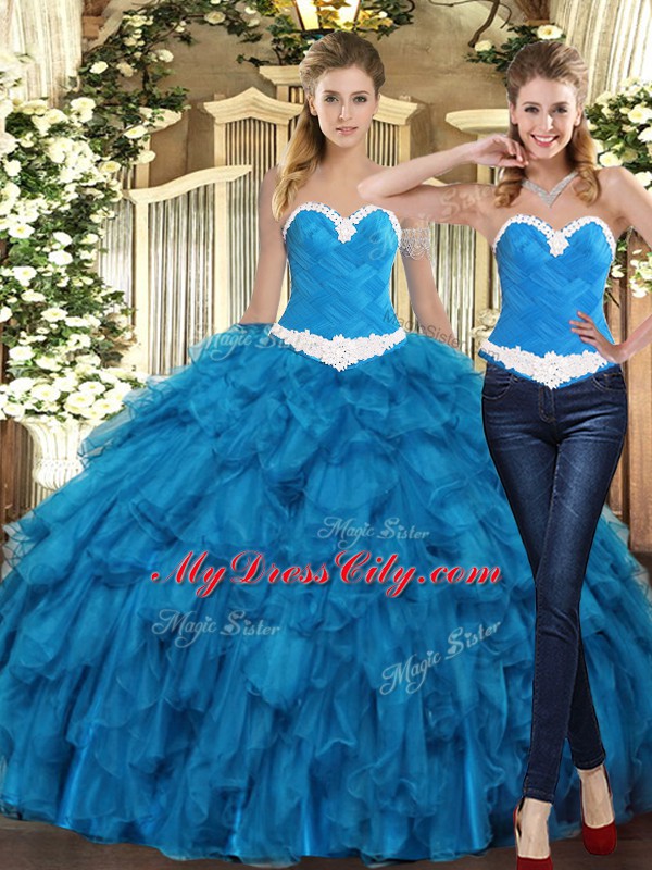 On Sale Sweetheart Sleeveless Ball Gown Prom Dress Floor Length Ruffles Teal Tulle