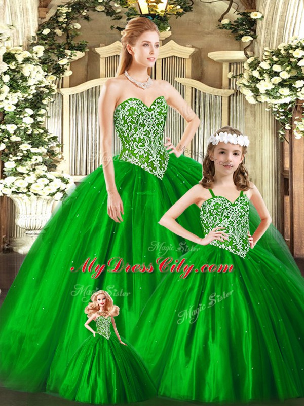 Perfect Tulle Sweetheart Sleeveless Lace Up Beading Quince Ball Gowns in Green