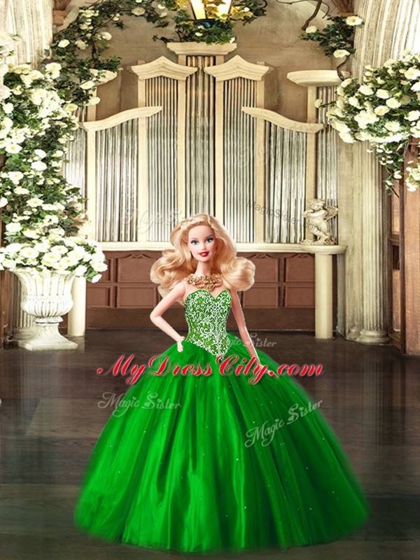 Perfect Tulle Sweetheart Sleeveless Lace Up Beading Quince Ball Gowns in Green