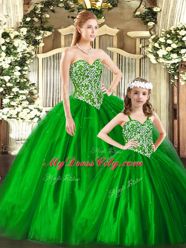 Perfect Tulle Sweetheart Sleeveless Lace Up Beading Quince Ball Gowns in Green