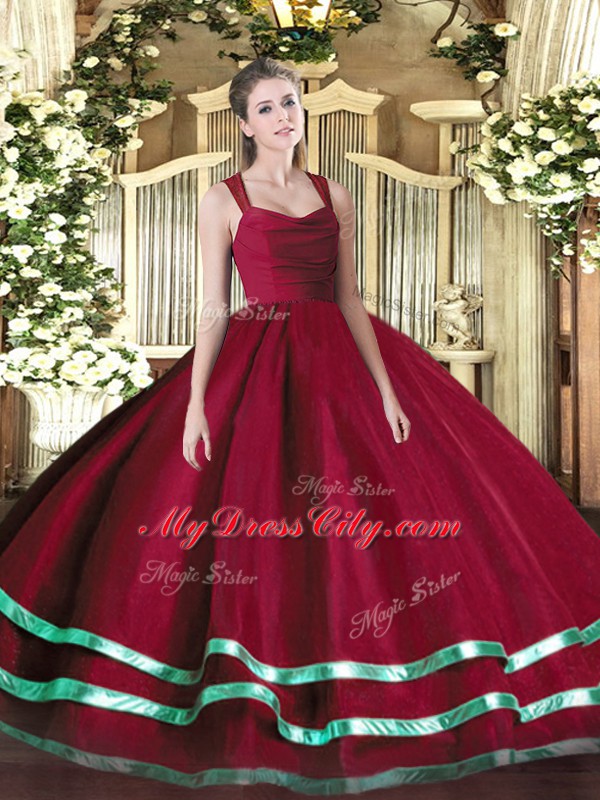 Ideal Straps Sleeveless Zipper Quinceanera Gown Wine Red Organza