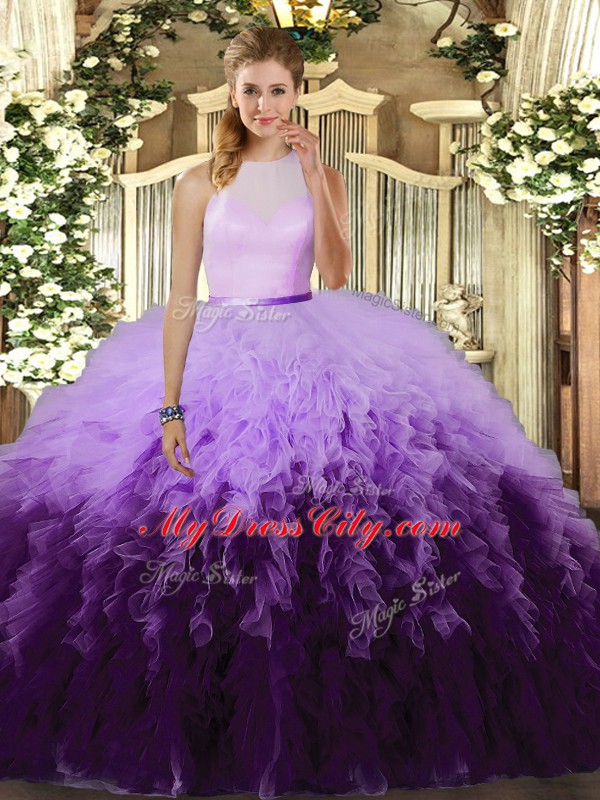 Luxury Multi-color Tulle Backless 15th Birthday Dress Sleeveless Floor Length Ruffles