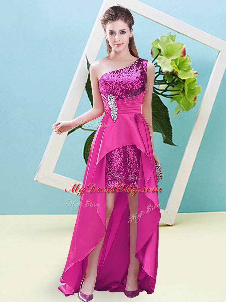 High Low Lace Up Prom Party Dress Fuchsia for Prom and Party with Beading and Sequins