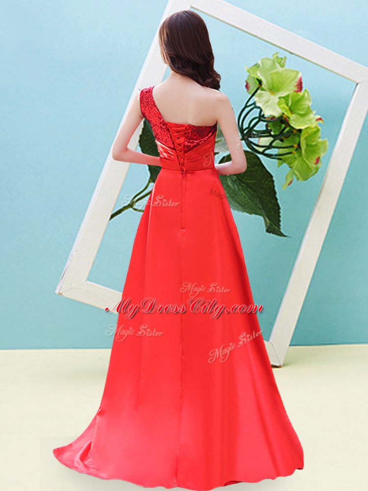 Ideal Lace Up One Shoulder Beading and Sequins Evening Dress Elastic Woven Satin and Sequined Sleeveless