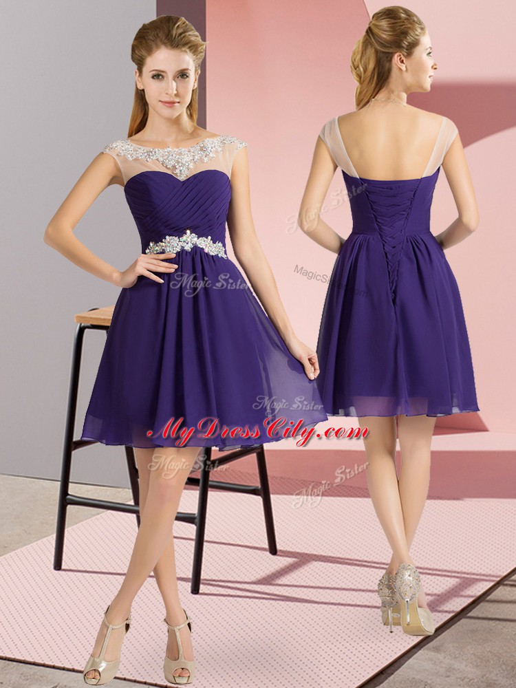 Clearance Purple Scoop Neckline Beading Dress for Prom Cap Sleeves Lace Up