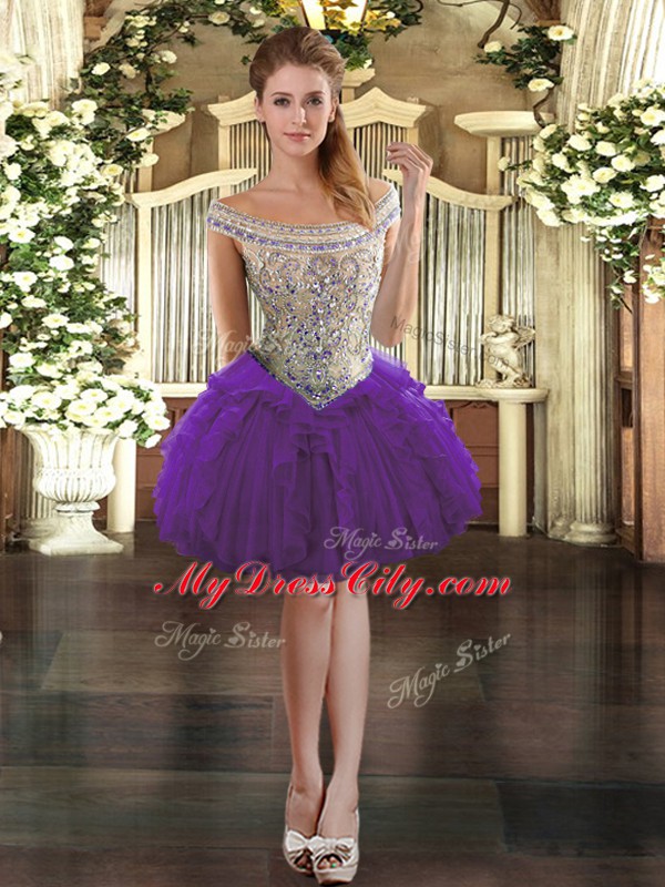 Custom Designed Purple Zipper Off The Shoulder Beading and Ruffles Prom Dresses Tulle Sleeveless