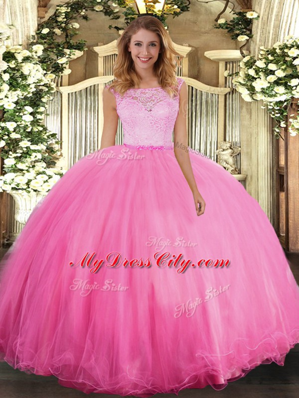 Rose Pink Ball Gowns Scoop Sleeveless Tulle Floor Length Clasp Handle Lace Quinceanera Gowns