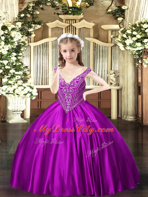 Top Selling V-neck Sleeveless Lace Up Little Girls Pageant Dress Purple Satin