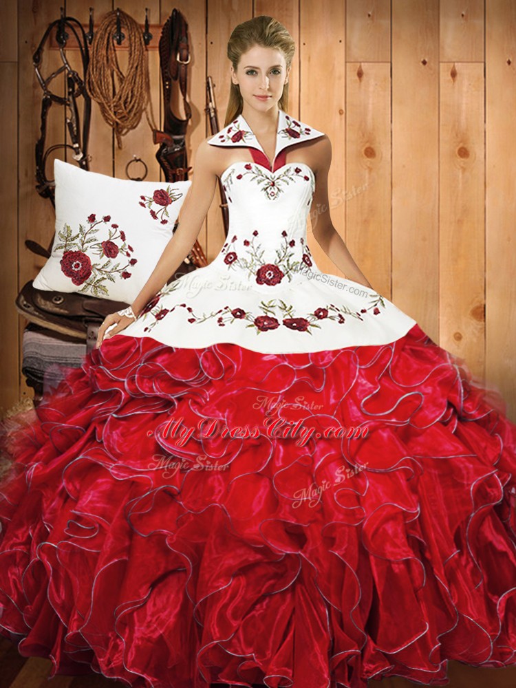 Embroidery and Ruffles Ball Gown Prom Dress White And Red Lace Up Sleeveless Floor Length