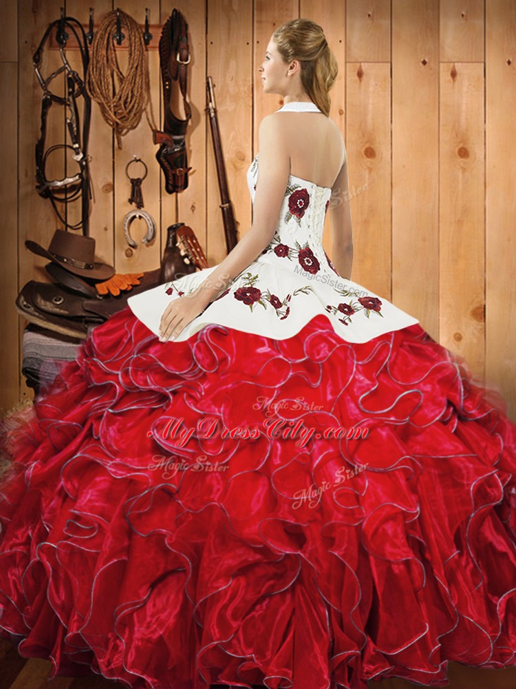 Halter Top Sleeveless Satin and Organza 15 Quinceanera Dress Embroidery and Ruffles Lace Up