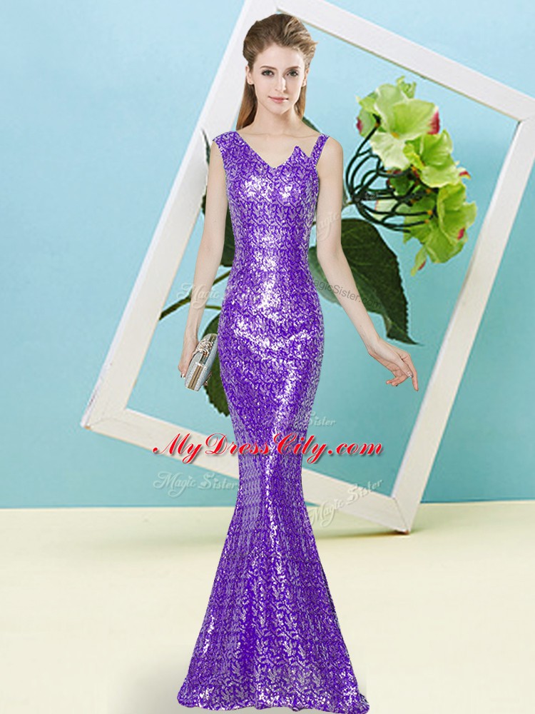 Asymmetric Sleeveless Zipper Prom Party Dress Lavender Sequined