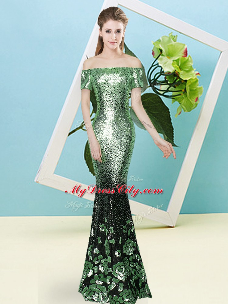 Affordable Floor Length Apple Green Sequined Short Sleeves Sequins