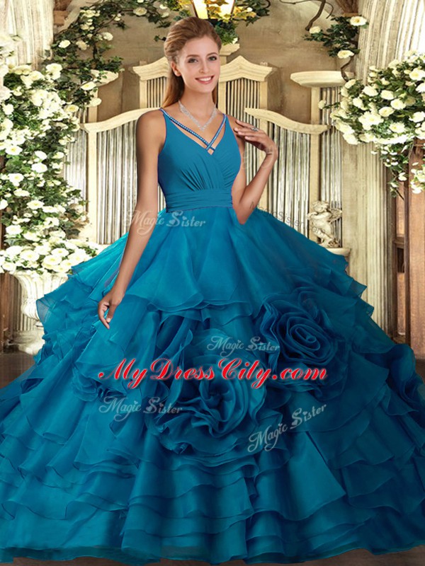 Floor Length Teal Vestidos de Quinceanera V-neck Sleeveless Side Zipper