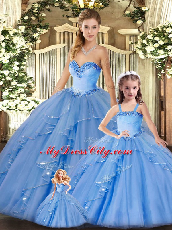 Baby Blue Lace Up 15 Quinceanera Dress Beading and Ruffles Sleeveless Floor Length