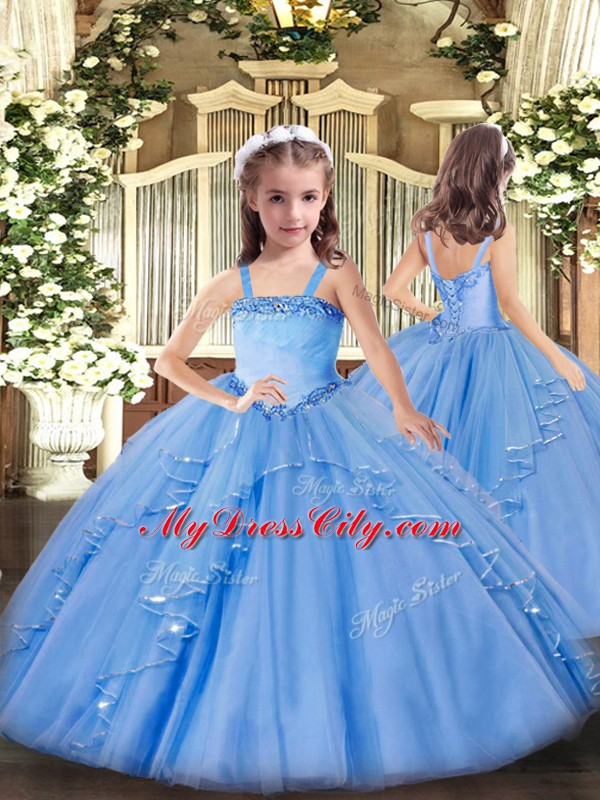 Baby Blue Lace Up 15 Quinceanera Dress Beading and Ruffles Sleeveless Floor Length