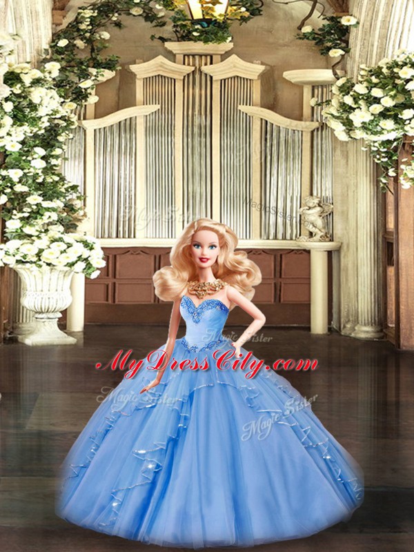 Baby Blue Lace Up 15 Quinceanera Dress Beading and Ruffles Sleeveless Floor Length