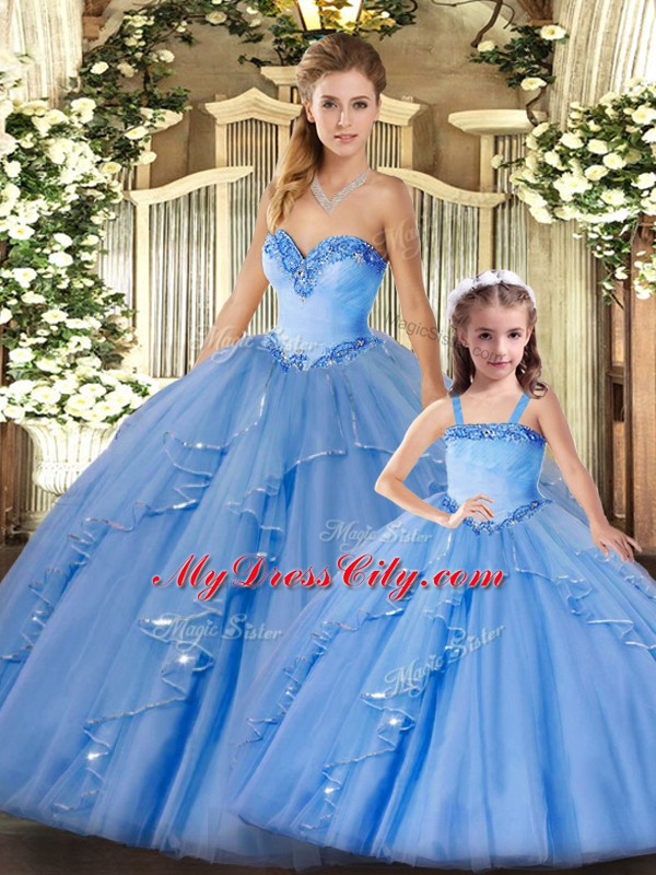 Baby Blue Lace Up 15 Quinceanera Dress Beading and Ruffles Sleeveless Floor Length