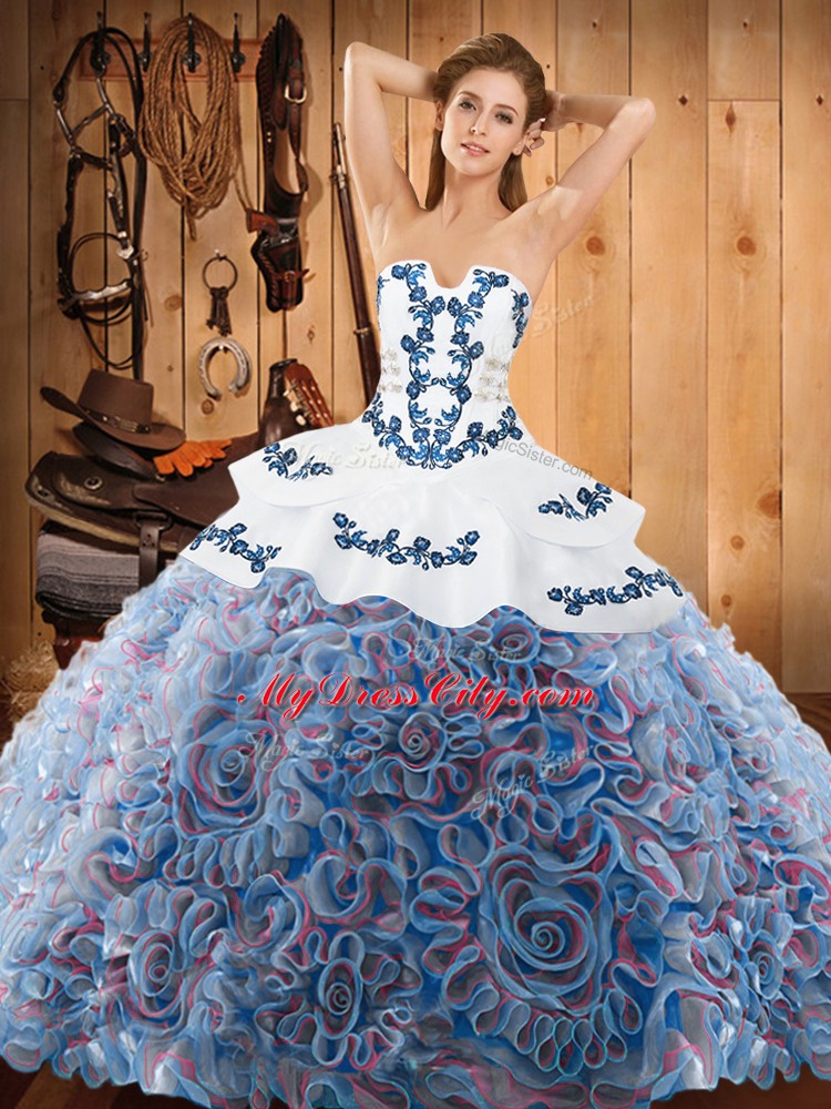 Decent Strapless Sleeveless Ball Gown Prom Dress With Train Sweep Train Embroidery Multi-color Satin and Fabric With Rolling Flowers