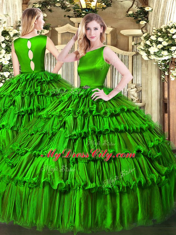 Nice Floor Length Clasp Handle Sweet 16 Dress Green for Military Ball and Sweet 16 and Quinceanera with Ruffled Layers