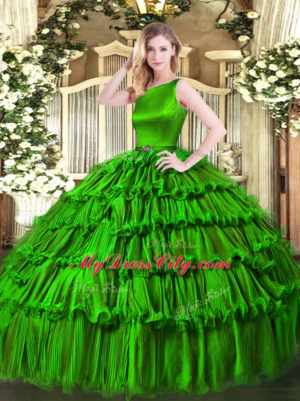 Nice Floor Length Clasp Handle Sweet 16 Dress Green for Military Ball and Sweet 16 and Quinceanera with Ruffled Layers