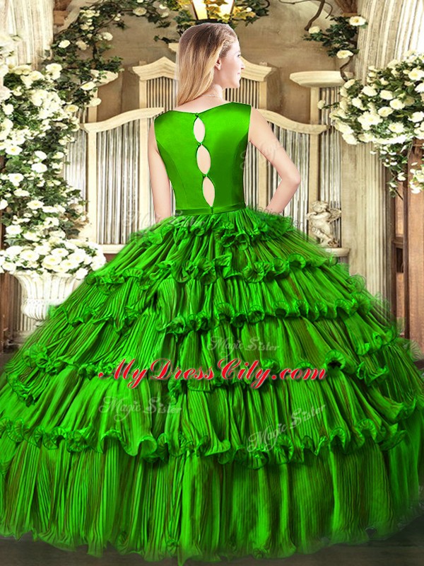 Nice Floor Length Clasp Handle Sweet 16 Dress Green for Military Ball and Sweet 16 and Quinceanera with Ruffled Layers