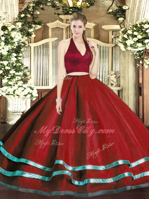 Wonderful Wine Red Tulle Zipper Quince Ball Gowns Sleeveless Floor Length Ruffled Layers