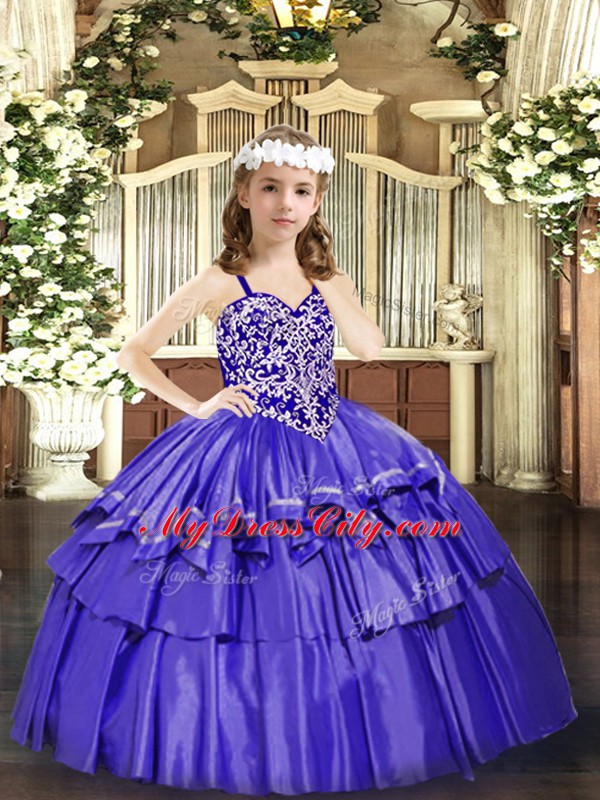 Lavender Sleeveless Floor Length Beading and Ruffled Layers Lace Up Pageant Gowns For Girls