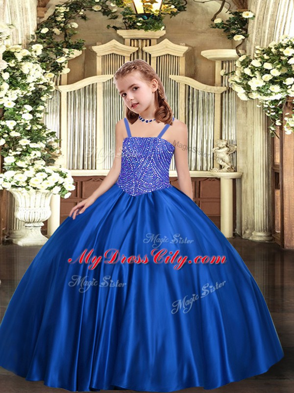 Sleeveless Floor Length Beading Lace Up Child Pageant Dress with Royal Blue