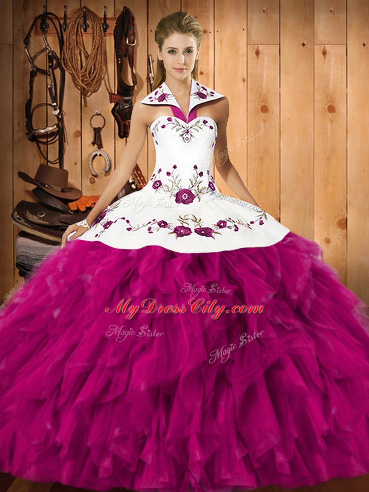 Fuchsia Ball Gowns Halter Top Sleeveless Satin and Organza Floor Length Lace Up Embroidery and Ruffles Vestidos de Quinceanera