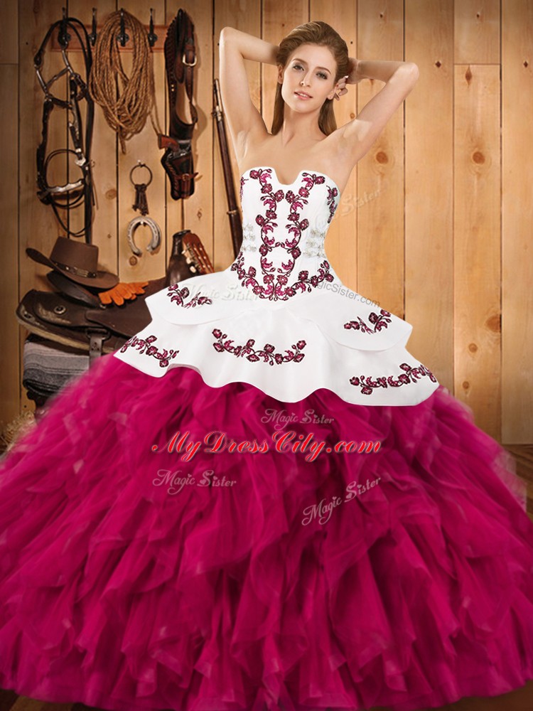 Captivating Fuchsia Ball Gowns Strapless Sleeveless Satin and Organza Floor Length Lace Up Embroidery and Ruffles Quinceanera Dresses