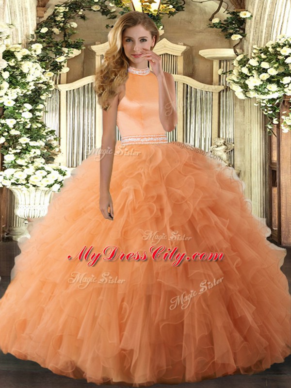 Fine Orange Ball Gowns Halter Top Sleeveless Organza Floor Length Backless Beading and Ruffles Quinceanera Gown