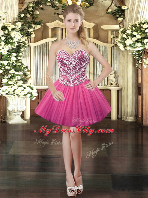 Elegant Beading Prom Evening Gown Hot Pink Lace Up Sleeveless Mini Length