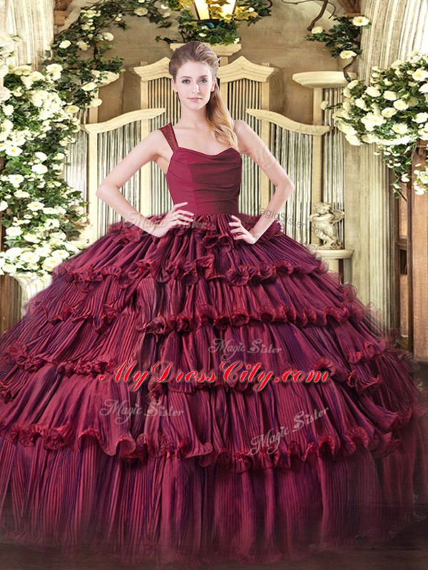 Burgundy Organza Zipper Straps Sleeveless Floor Length Quinceanera Gowns Ruffled Layers