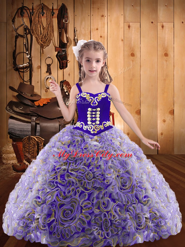 Discount Fabric With Rolling Flowers Straps Sleeveless Lace Up Embroidery and Ruffles Little Girl Pageant Dress in Multi-color