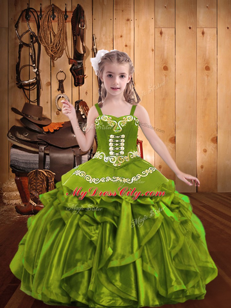 Floor Length Olive Green Little Girls Pageant Dress Straps Sleeveless Lace Up