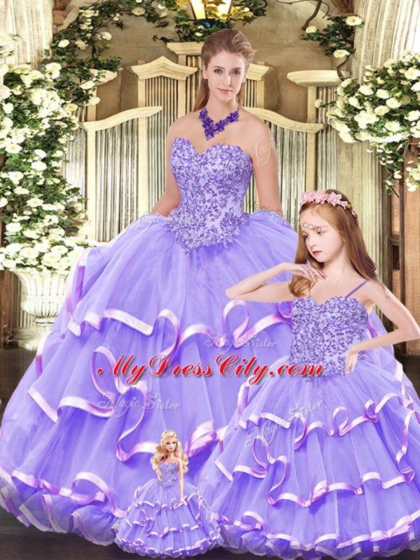 Inexpensive Sleeveless Organza Floor Length Lace Up 15 Quinceanera Dress in Lavender with Beading and Ruffled Layers