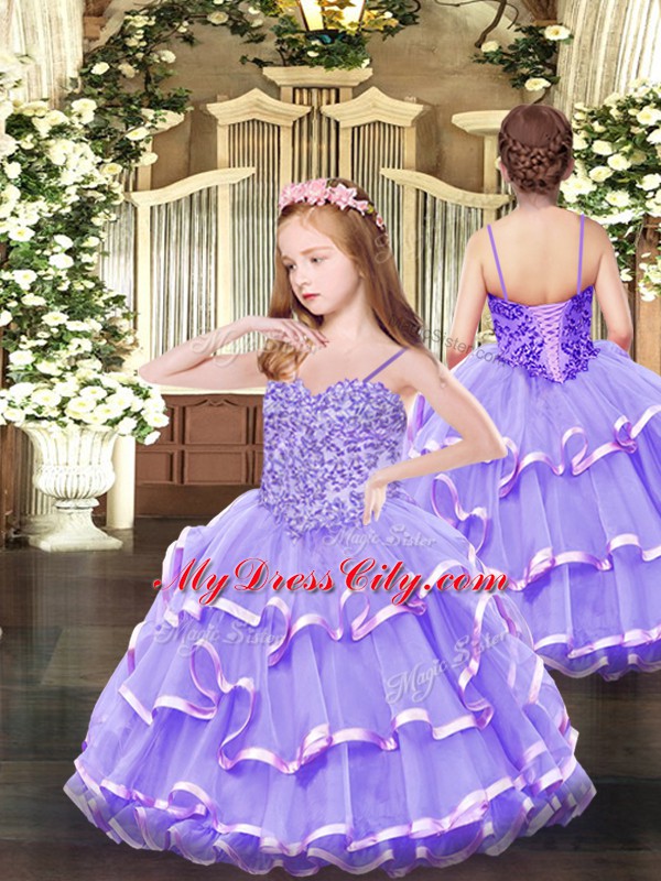 Inexpensive Sleeveless Organza Floor Length Lace Up 15 Quinceanera Dress in Lavender with Beading and Ruffled Layers