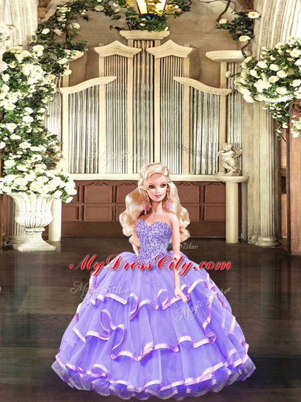 Inexpensive Sleeveless Organza Floor Length Lace Up 15 Quinceanera Dress in Lavender with Beading and Ruffled Layers