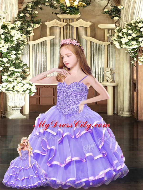 Inexpensive Sleeveless Organza Floor Length Lace Up 15 Quinceanera Dress in Lavender with Beading and Ruffled Layers