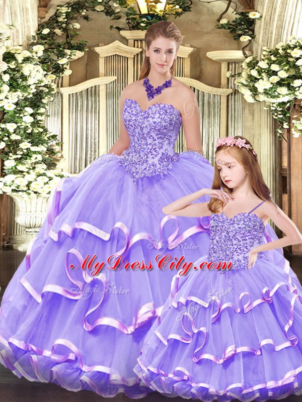 Inexpensive Sleeveless Organza Floor Length Lace Up 15 Quinceanera Dress in Lavender with Beading and Ruffled Layers